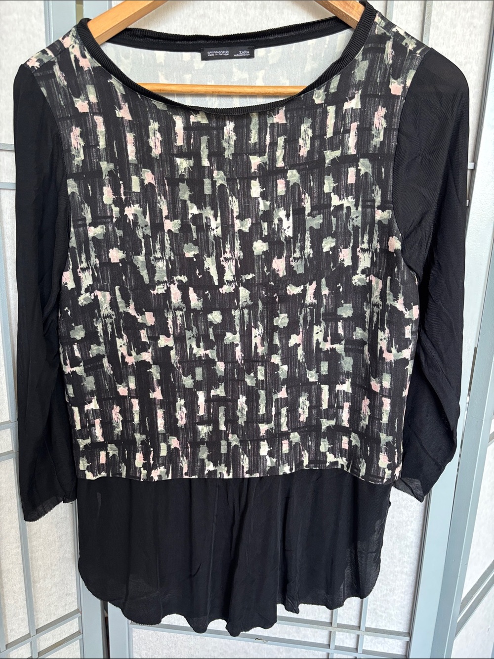 Zara Black Mixed-Print Long Sleeve Tunic with Pink Sage and Cream Accents